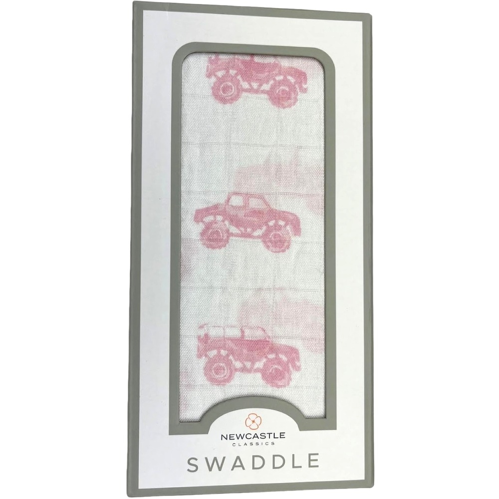Pink Monster Truck Baby Girl Bamboo Muslin Swaddle Blanket White Newcastle NWT